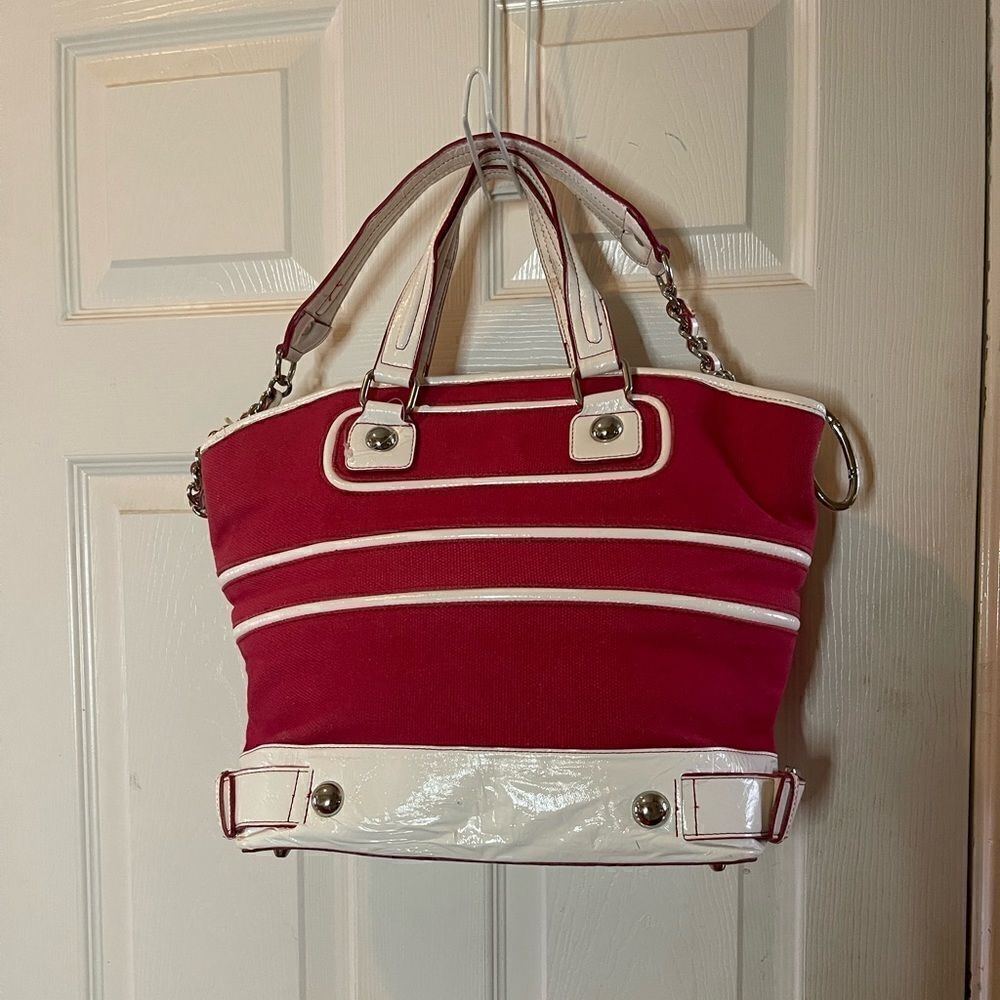 Rampage Red canvas and beige trims tote with silver tone hardwares